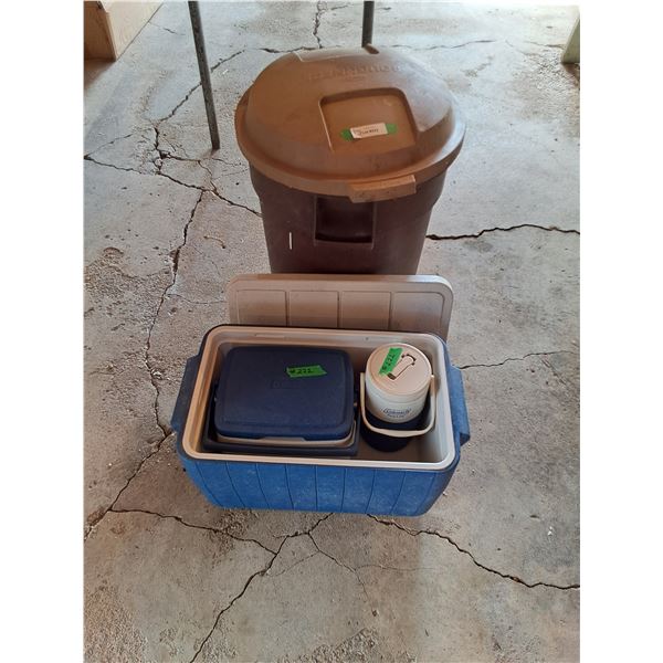 (2)Picnic Coolers- 2 sizes,  Water Cooler,  Garbage Can w. Lid