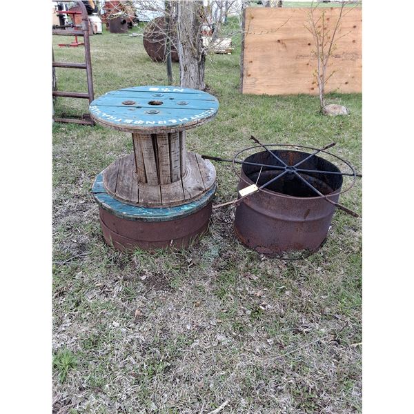 Rusty Half Barrel,  Lg. Wire Wooden Spool