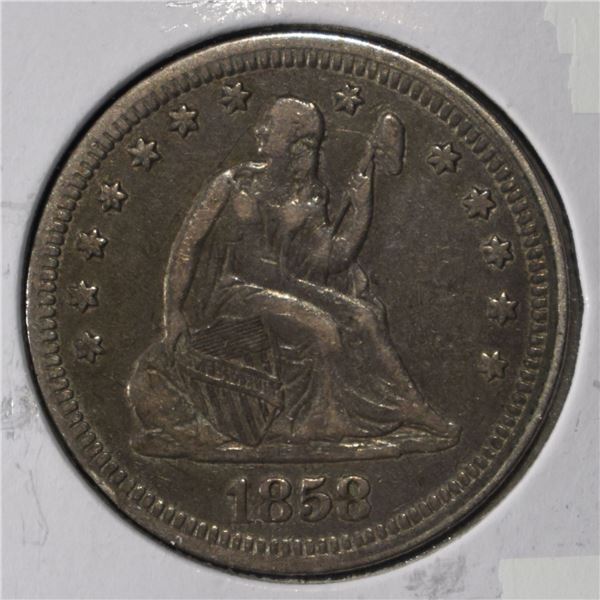 1858 LIBERTY SEATED QUARTER XF