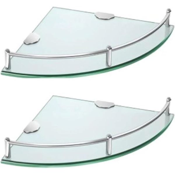 2-Pack Glass Corner Shelves with Hardware for Bathroom; Tempered Glass Shelves with Rail - New