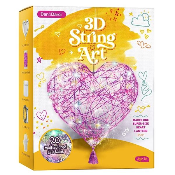 Dan&Darci 3D String Art Kit - Light-Up Heart Lantern with 20 Multicolored LED Bulbs -  Ages 8+ - New
