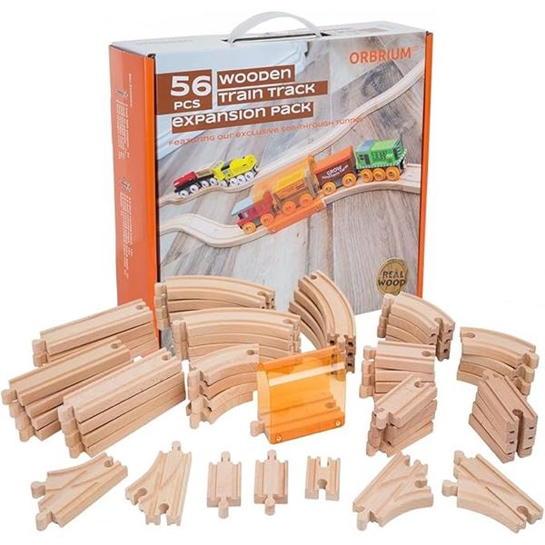Orbrium Toys 56PCS Wooden Train Track Toy Set - Real Wood Train Tracks - Brand New