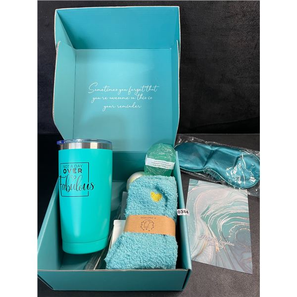 Spa/Beauty Gift Set Box for Women; Includes Mug, Bath Bomb, Fuzzy Socks (Blue) - New