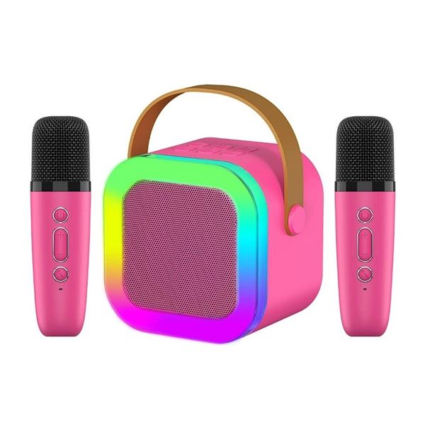 K12 Dual-Microphone Mini Karaoke Machine with RGB LED Lights - Pink - New