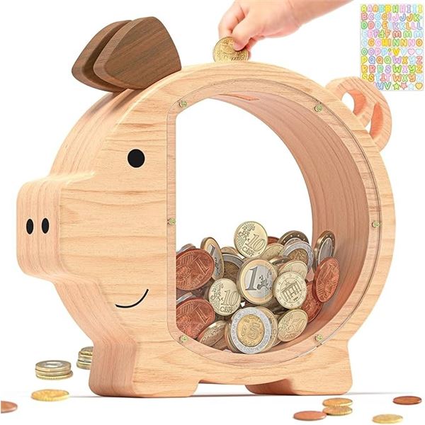 Large Wooden Piggy Bank for Kids (9 x 9.5") Cute/Unbreakable Money Box with Clear Window - New