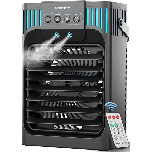 Cooling Fan with Misting Function, 7-Colour RGB Lights, Remote Control & Timer Function - New