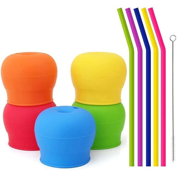5-Pack Silicone Straw Cup Lids for Toddlers; Reusable, Spill-Proof; Stretches to Fit Onto Cups! New