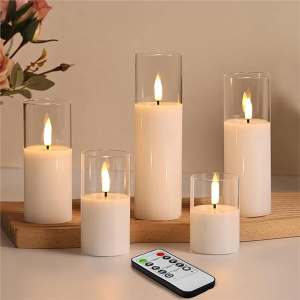 Set of 5 Slim Tall Clear Glass Flameless Candles with Remote Control; Flickering LED Candles - New