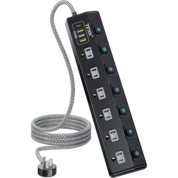 6-Outlet Power Strip with USB Ports - 5FT Cord, PD 20W; Individually Switchable Outlets - NEW