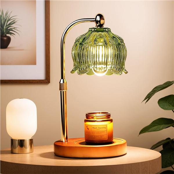 Electric Candle Warmer Lamp w/ Glass Shade & Walnut Wood Base, 2x Bulbs Included, Adjustable Height