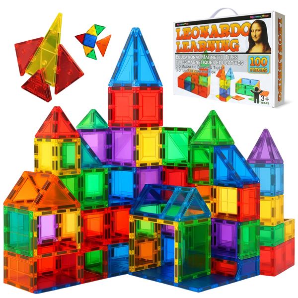 100PCS 3D Magnetic Building Tiles STEM Toy Set by Leonardo Learning - Montessori Inspired - New!