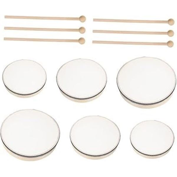 6-Pack Hand Drum Set (6", 8", & 10" Sizes) Wooden Frame Drums with Drum Sticks - New!
