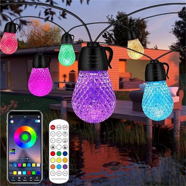 49FT Smart Outdoor RGBW String Lights; Waterproof/Shatterproof Patio Lights w/ App Control - NEW