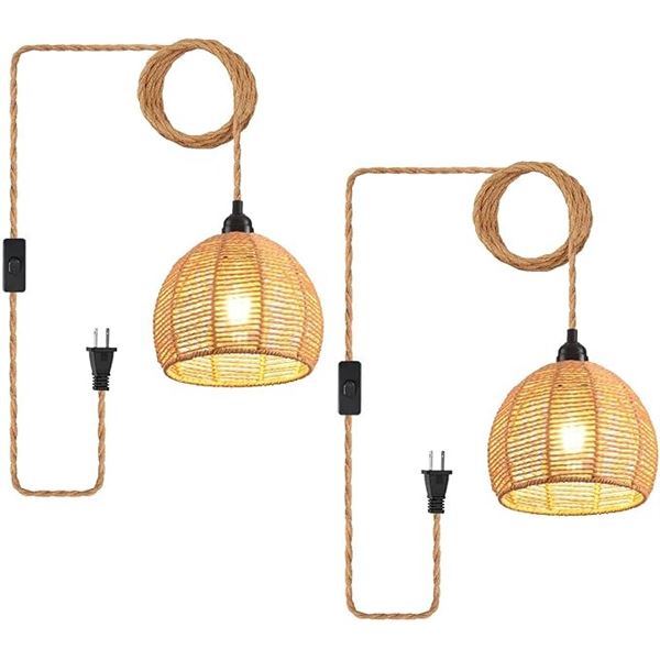 2-Pack Rustic Farmhouse Rattan Hanging Pendant Lights (Plug-In Design) w/ Natural Rope Detail - New!