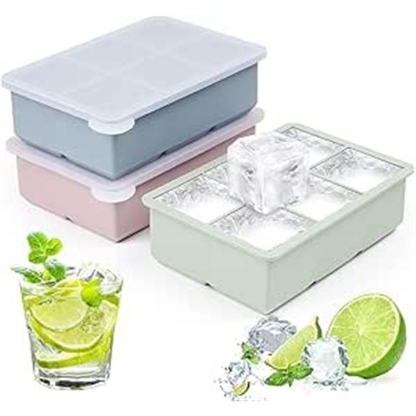 3-Pack Large Silicone 6-Square Ice Cube Trays; Reusable Design Ice Cube Molds - New