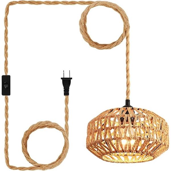 Rattan Farmhouse-Style Plug-In Hanging Pendant Light - Hand-Woven boho Light Fixture - New