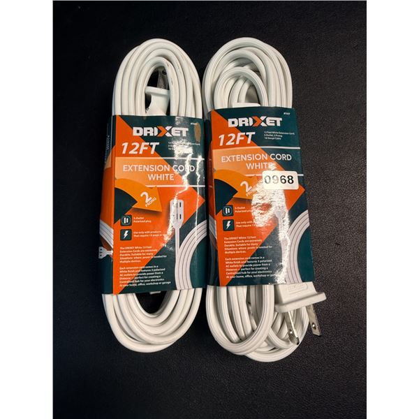 Lot of 2 Drixet 12FT Extension Cords (White) 2-Prong - New