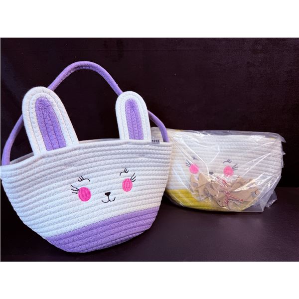 2-Pack Easter Bunny Baskets with 2 Wooden Bunny Ornaments (Yellow+Purple) New