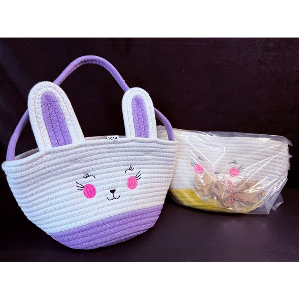 2-Pack Easter Bunny Baskets with 2 Wooden Bunny Ornaments (Yellow+Purple) New