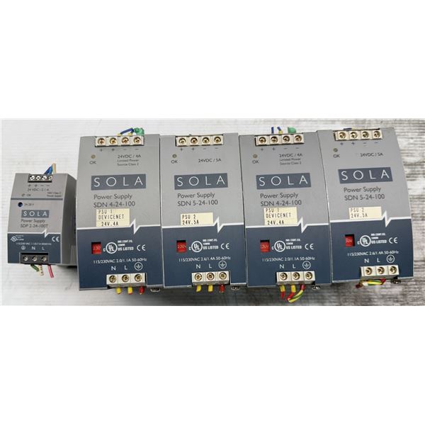 Lot of (5) Sola Power Supplies (4) - #SDN4-24-100 & (1) - #SDP 2-24-100T
