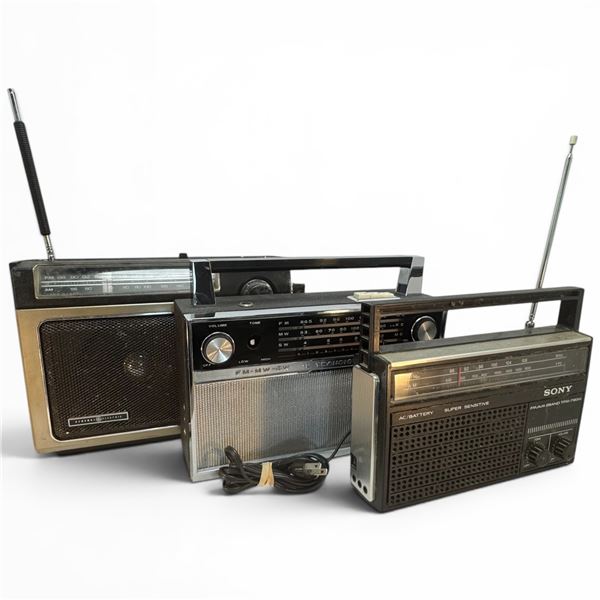Lloyd's Model TF-129L 12 Transistor 3 Band Radio, Sony TFM-7180W 11 Transistor & GE 7-2880B Radio