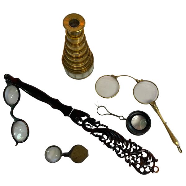 Group of 5 Antique Magnifiers & Glasses (Brass & Mother of Pearl small telescope, gold plated opera 