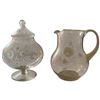 Image 1 : Vintage Cornflower Etched Glass Water Pitcher & Candy Jar (Candy jar is 10" tall x 7.5" diameter)