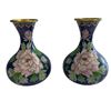 Image 1 : Matching Pair of Chinese Cloisonne Vases - Pink Peonies on Cobalt Background - 6" tall x 5" diameter