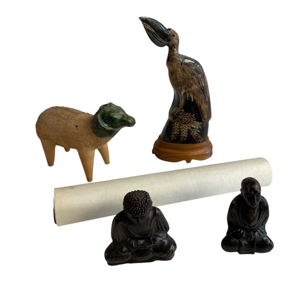 Group of Asian Collectibles - 2 Japanese Style Seated Buddhas, Pottery Ram, 12" tall Wood Bird, and 