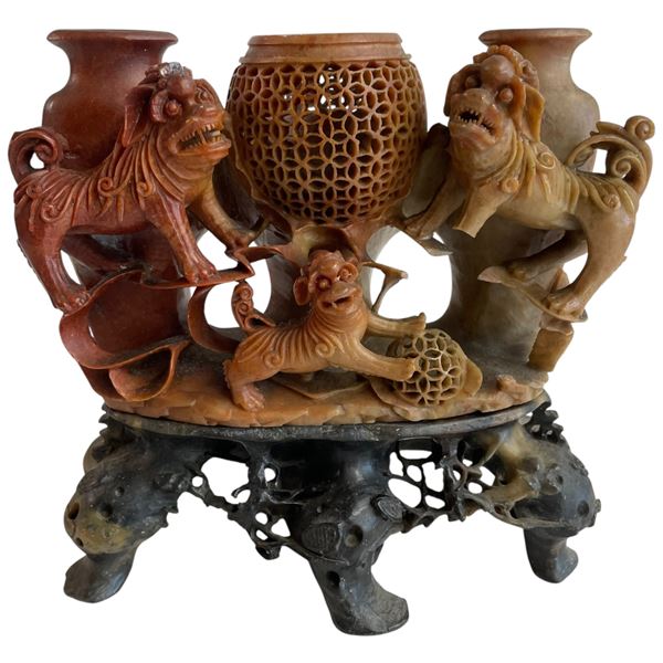 Hand-Carved Chinese Soapstone (or Shoushan stone) Incense Burner with Foo Dogs Design (4" x 8" x 7" 