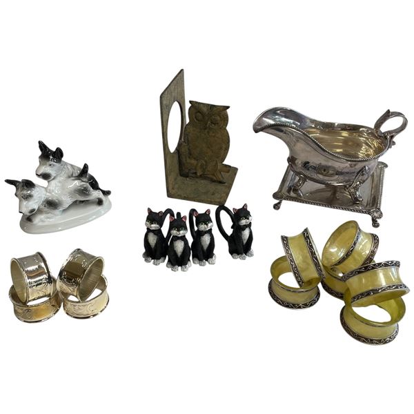 Group of Napkin Rings, Metal Owl Bookend and Silver Plated Sauce Boat
