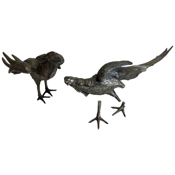Pair of Cast Metal Asian Pheasant Statues - 6" x 19" x 7" tall (feet need to be repaired on 1)