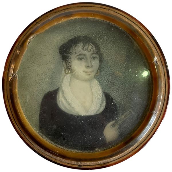 Antique Keepsake Box with Miniature Portrait of a Lady on Ivorine - Round lidded box is horn or tort