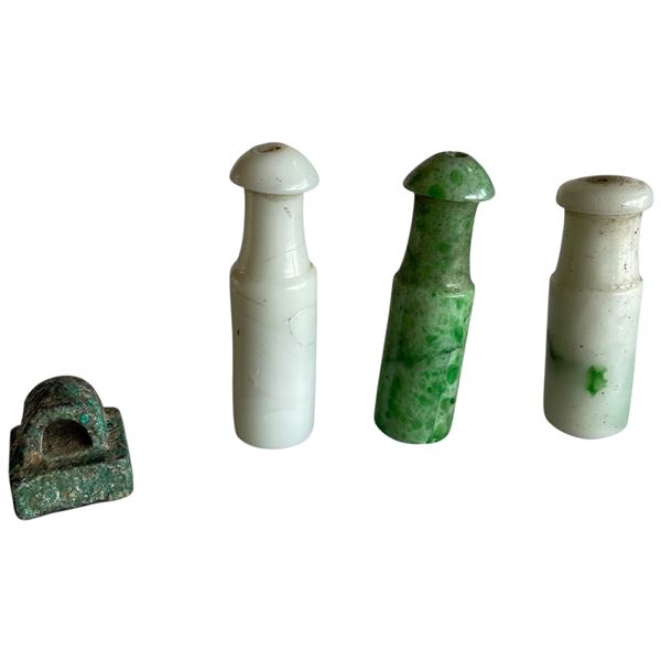 3 Vintage Chinese Jade or Jadeite Cigarette Holders & 1 Bronze Seal ( Cigarette holders are 2" long)