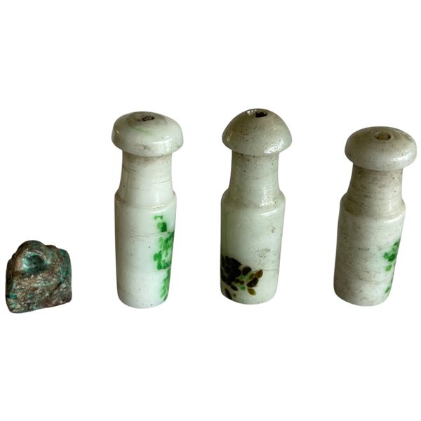 3 Vintage Chinese Jade or Jadeite Cigarette Holders & 1 Bronze Seal ( Cigarette holders are 2" long)