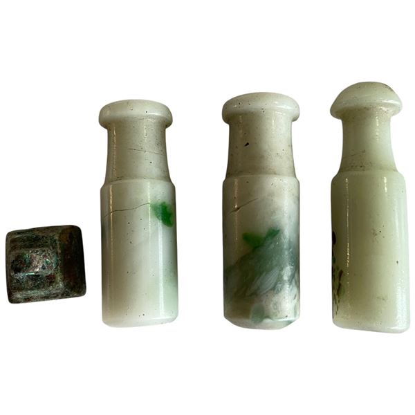 3 Vintage Chinese Jade or Jadeite Cigarette Holders & 1 Bronze Seal ( Cigarette holders are 2" long)