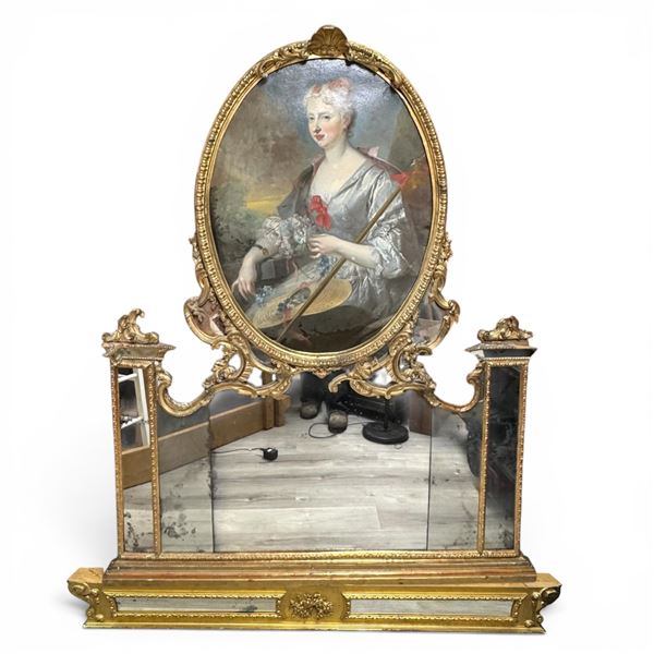 Vintage French Rocco Style Madame de Pompadour Image Supported by a Mirrored Base (60" wide x 78" ta