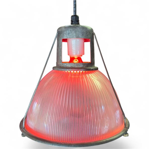 Vintage Industrial Holophane Pendant Light Ribbed Prismatic Glass Red Bulb #1