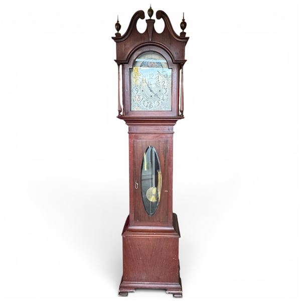 19th Century Mahogany Tall Case Grandfather Clock Painted Moon Face Dial