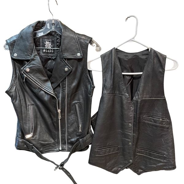 2 Black Leather Vests - 1 is labelled LADC