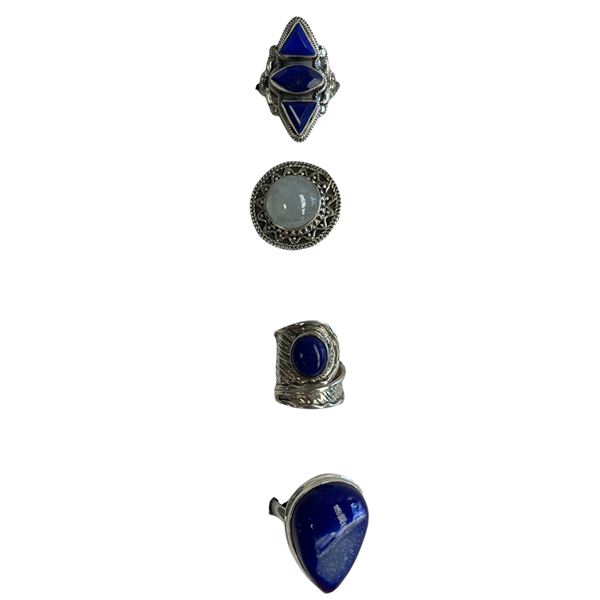 4 New Rings * all stamped .925 * (Blue Druzy, Lapis, Moonstone, & Agate) Longest ring  is 28 mm * To