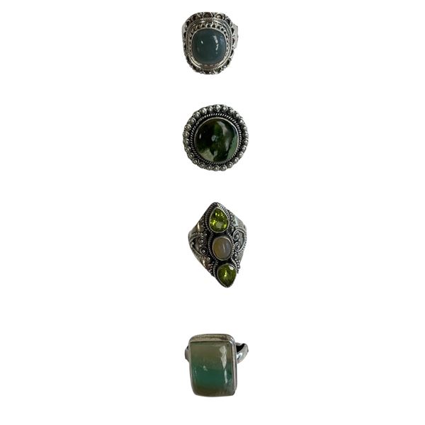 4 New Rings * all stamped .925 * (Banded Agate, Peridot Crystal, Green Agate) Longest ring  is 29 mm