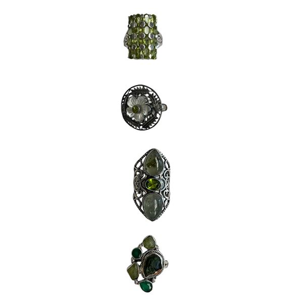 4 New Rings * all stamped .925 * (Peridot Crystal, Mother of Pearl, Green Agate & More) Longest ring