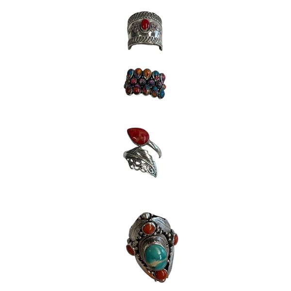4 New Rings * all stamped .925 * (Red Agate, Carnelian, Turquoise & More) Longest ring  is 39 mm * T