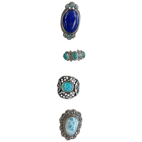 4 New Rings * all stamped .925 * (Lapis. Blue Topaz Crystal, Opal, Larimar & More) Longest ring  is