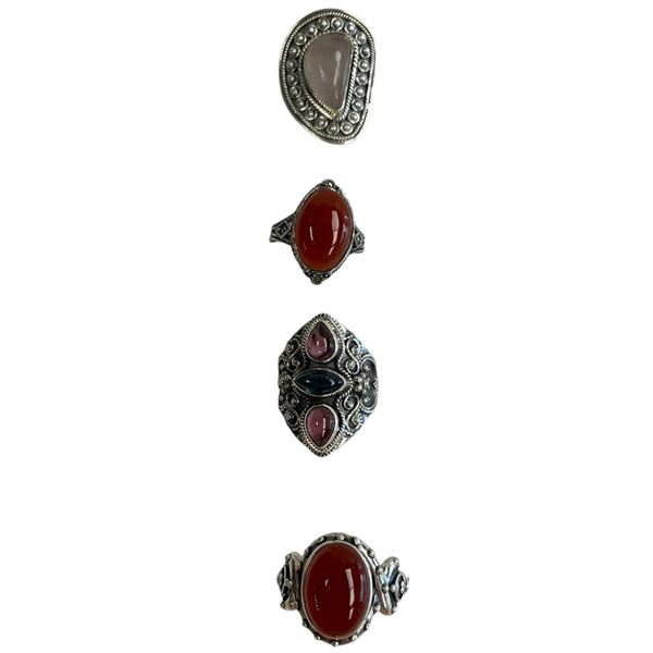 4 New Rings * all stamped .925 * (Carnelian, Garnet and Semiprecious Agates) Longest ring  is 31 mm