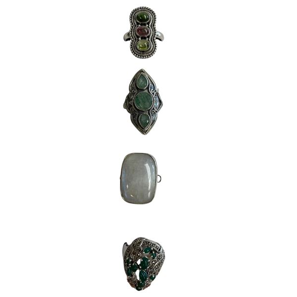 4 New Rings * all stamped .925 * (Moonstone, Peridot, Green Agate Cabochon and more) Longest ring  i