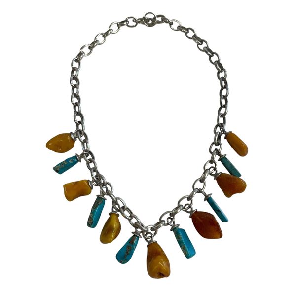 Sterling Silver Amber & Turquoise 17" Choker Necklace with Toggle Clasp - Rolo Chain - Total weight: