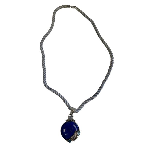 Sajen Sterling Silver Lapis and Blue Topaz Crystal Pendant on Cord - Pendant is 25 mm diameter and w