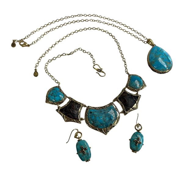 2 Gold Plated Barse Turquoise Necklaces & 1 Pair of Earrings (Teardrop Pendant is 34 x 45mm)